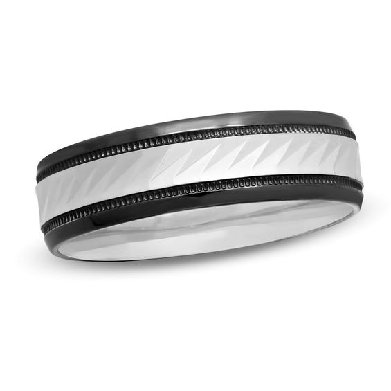 Previously Owned - 6.0mm Diamond-Cut Wedding Band in 10K White Gold with Black Rhodium