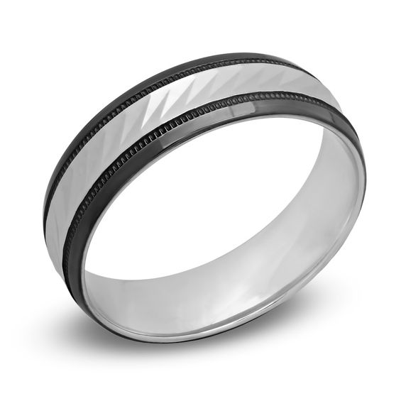 Previously Owned - 6.0mm Diamond-Cut Wedding Band in 10K White Gold with Black Rhodium
