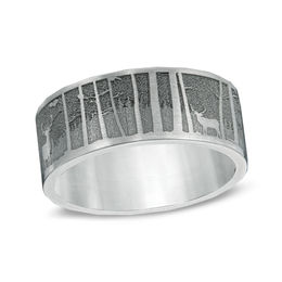 Previously Owned - Men's 9.0mm Comfort-Fit Elk Mountain Tree Scene Wedding Band in Titanium
