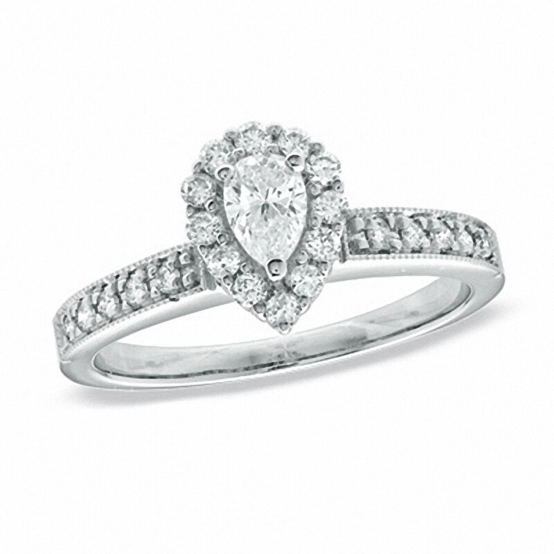 Main Image 1 of Previously Owned - 5/8 CT. T.W. Pear-Shaped Diamond Frame Engagement Ring in 14K White Gold