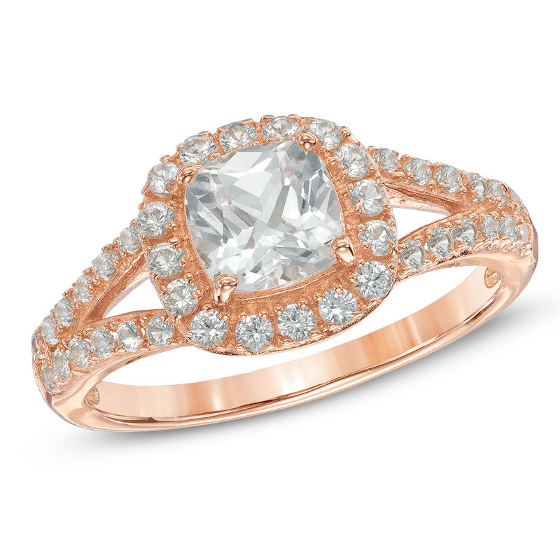 Main Image 1 of Previously Owned - 6.0mm Cushion-Cut Lab-Created White Sapphire Frame Ring in Sterling Silver with 14K Rose Gold Plate