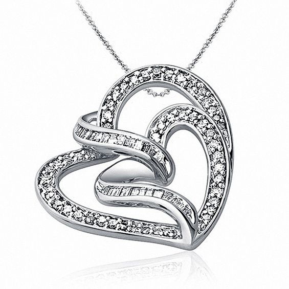 Previously Owned - 1/2 CT. T.w. Baguette and Round Diamond Double Tilted Heart Pendant in 10K White Gold