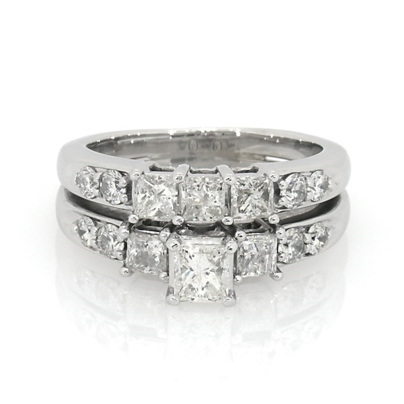 Main Image 1 of Previously Owned 1-1/2 CT. T.W. Princess-Cut Diamond Three Stone Soldered Bridal Set in 14K White Gold
