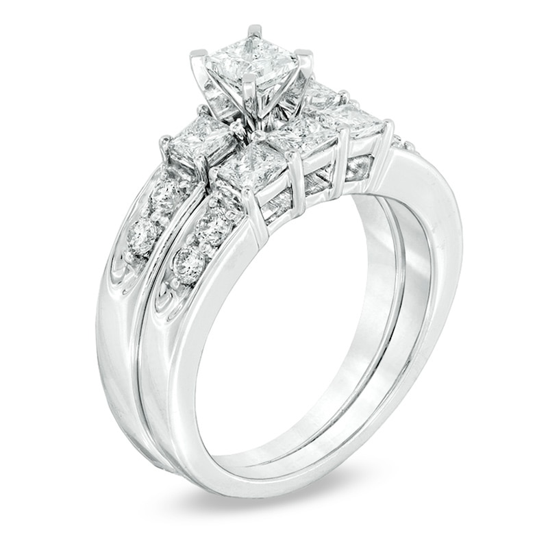 Main Image 2 of Previously Owned 1-1/2 CT. T.W. Princess-Cut Diamond Three Stone Soldered Bridal Set in 14K White Gold