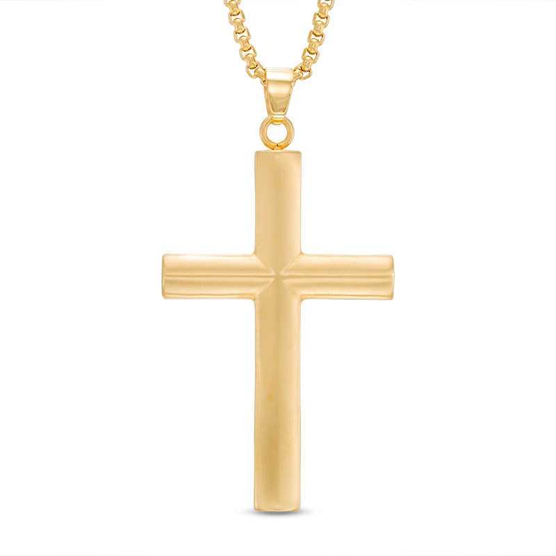 Main Image 1 of Previously Owned - Men's Cross Pendant in Stainless Steel and Yellow IP - 24"