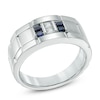 Thumbnail Image 2 of Previously Owned - Square-Cut Blue Sapphire and 1/10 CT. T.W. Diamond Comfort Fit Wedding Band in Sterling Silver