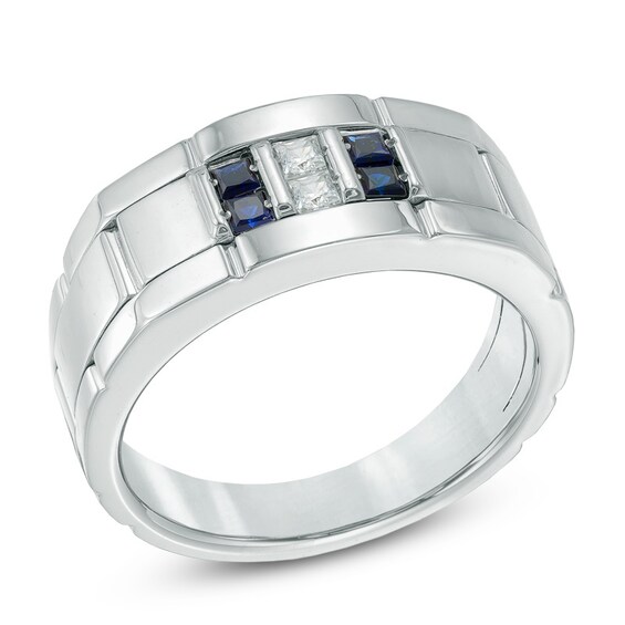 Previously Owned - Square-Cut Blue Sapphire and 1/10 CT. T.w. Diamond Comfort Fit Wedding Band in Sterling Silver