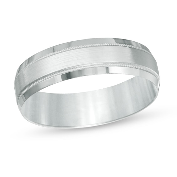 Previously Owned - 6.0mm Comfort-Fit Brushed Center Milgrain-Edge Wedding Band in 10K White Gold