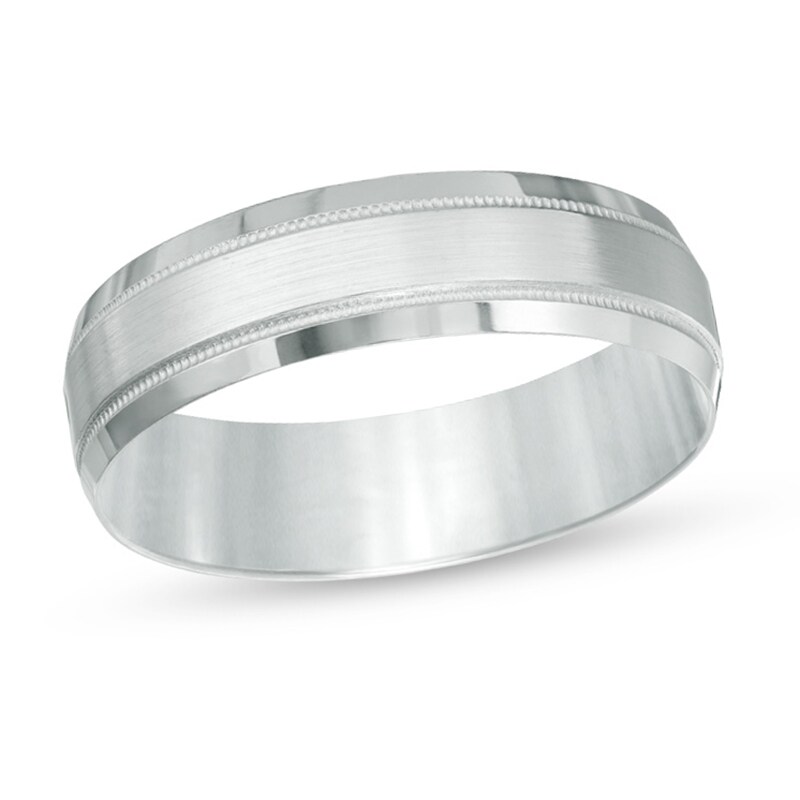 Main Image 1 of Previously Owned - 6.0mm Comfort-Fit Brushed Center Milgrain-Edge Wedding Band in 10K White Gold