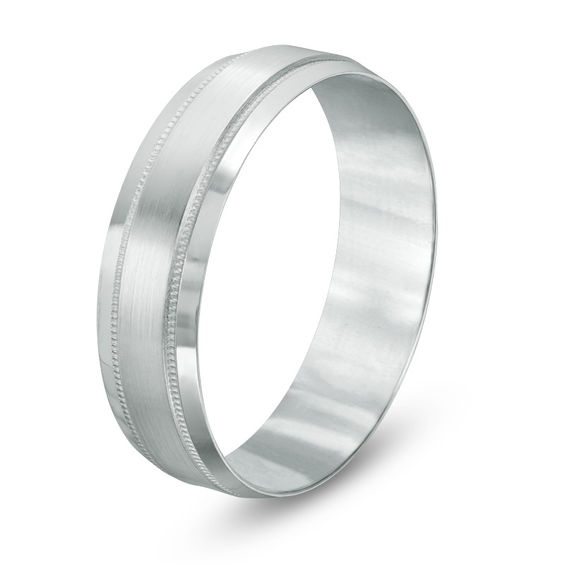 Previously Owned - 6.0mm Comfort-Fit Brushed Center Milgrain-Edge Wedding Band in 10K White Gold
