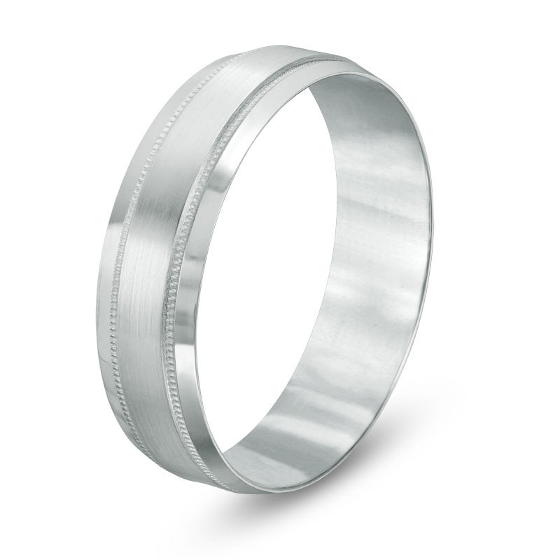 Main Image 2 of Previously Owned - 6.0mm Comfort-Fit Brushed Center Milgrain-Edge Wedding Band in 10K White Gold