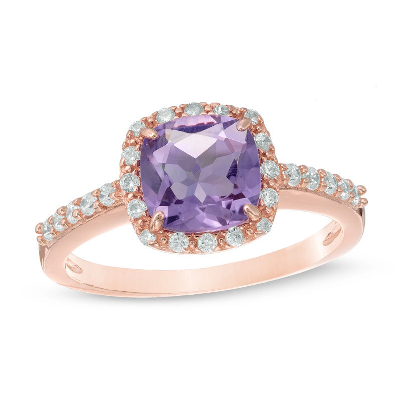 Main Image 1 of Previously Owned - Cushion-Cut Amethyst and Lab-Created White Sapphire Ring in Sterling Silver and 14K Rose Gold Plate