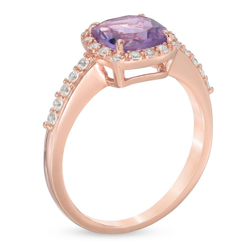 Main Image 2 of Previously Owned - Cushion-Cut Amethyst and Lab-Created White Sapphire Ring in Sterling Silver and 14K Rose Gold Plate
