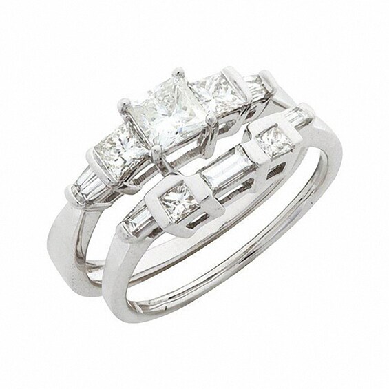 Previously Owned - 1 CT. T.w. Princess-Cut and Baguette Diamond Bridal Set in 14K White Gold