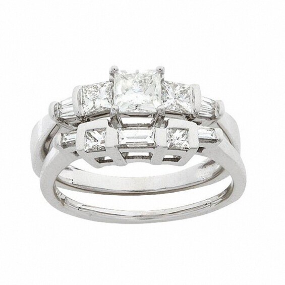 Previously Owned - 1 CT. T.w. Princess-Cut and Baguette Diamond Bridal Set in 14K White Gold