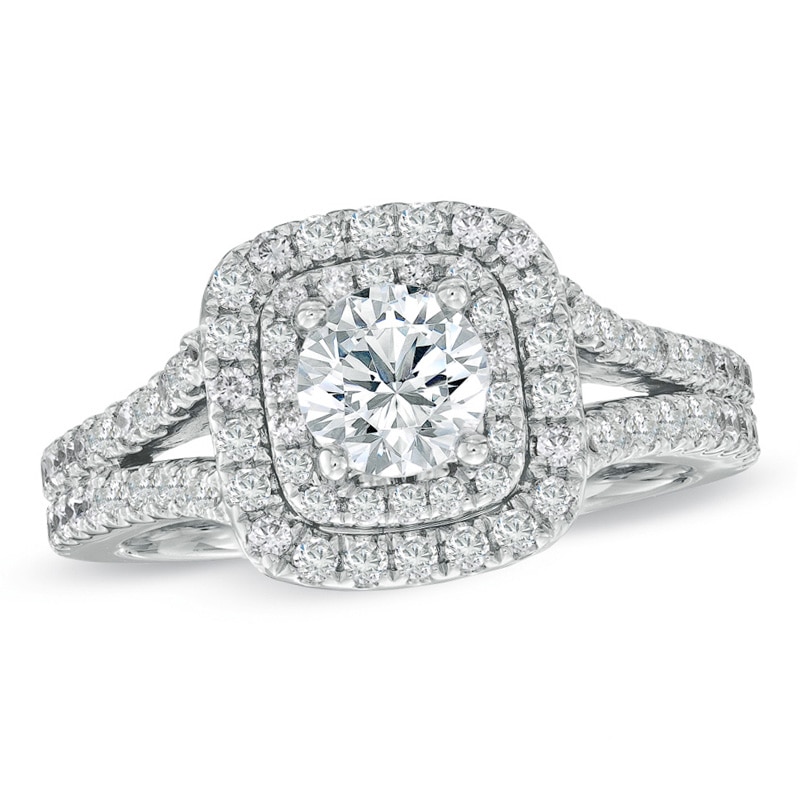 Previously Owned - Vera Wang Love Collection 1-1/2 CT. T.W. Diamond Frame Split Shank Engagement Ring in 14K White Gold