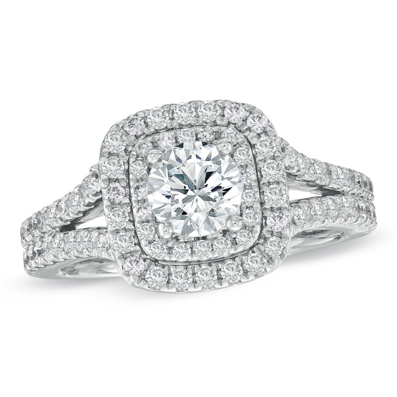 Main Image 1 of Previously Owned - Vera Wang Love Collection 1-1/2 CT. T.W. Diamond Frame Split Shank Engagement Ring in 14K White Gold