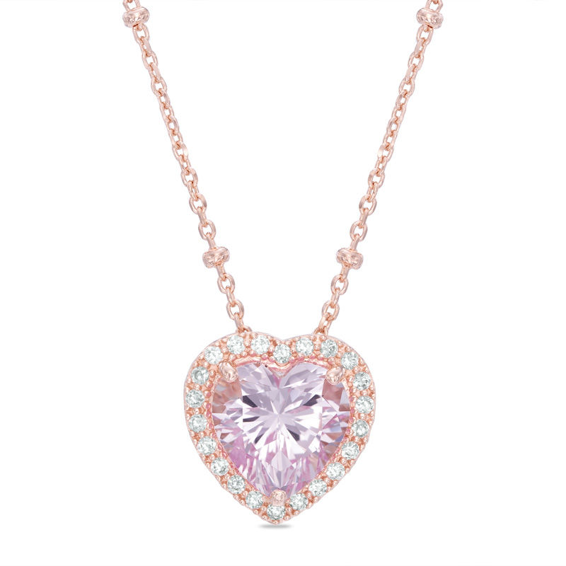 Main Image 1 of Previously Owned - 9.0mm Heart-Shaped Lab-Created Pink and White Sapphire Frame Pendant in Sterling Silver with 18K Rose Gold Plate