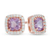 Thumbnail Image 1 of Previously Owned - 5.0mm Cushion-Cut Amethyst and Lab-Created White Sapphire Frame Stud Earrings in Sterling Silver and 14K Rose Gold Plate