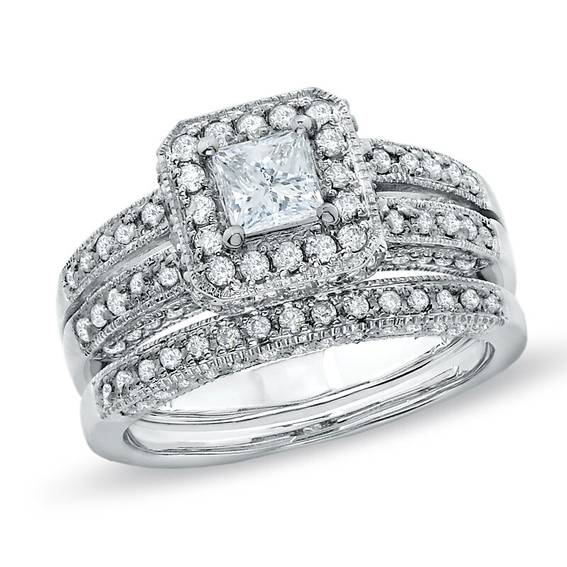 Main Image 1 of Previously Owned - 1-1/2 CT. T.W. Princess-Cut Diamond Vintage Bridal Set in 14K White Gold