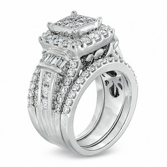 Previously Owned - 3 CT. T.W. Quad Princess-Cut Diamond Three Piece Bridal Set in 14K White Gold Previously Owned - 3 CT. T.W. Quad Princess-Cut Diamond Three Piece Bridal Set in 14K White Gold