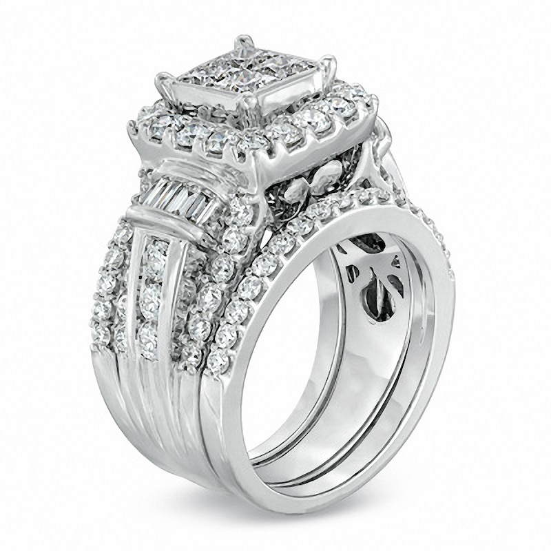 Main Image 2 of Previously Owned - 3 CT. T.W. Quad Princess-Cut Diamond Three Piece Bridal Set in 14K White Gold