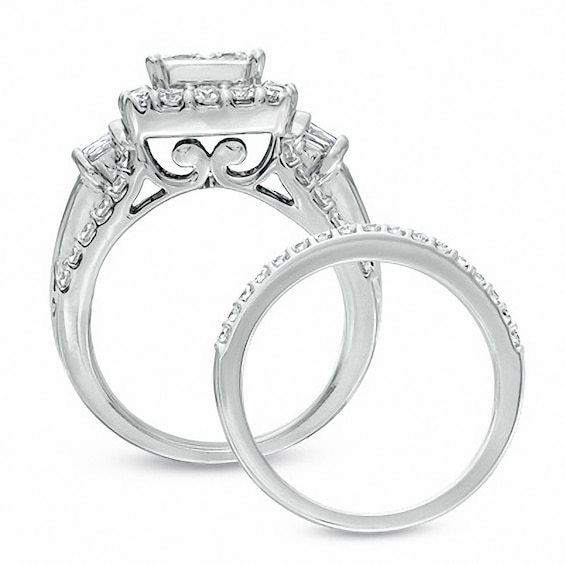 Previously Owned - 3 CT. T.w. Quad Princess-Cut Diamond Three Piece Bridal Set in 14K White Gold