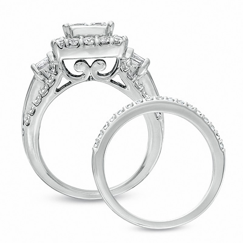 Main Image 3 of Previously Owned - 3 CT. T.W. Quad Princess-Cut Diamond Three Piece Bridal Set in 14K White Gold