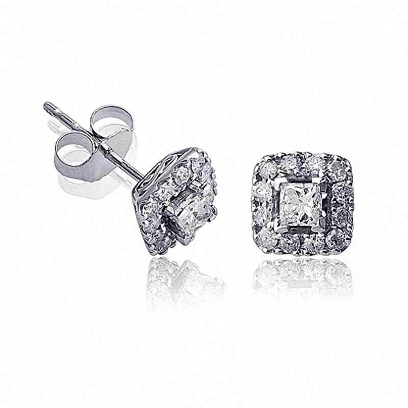 Main Image 1 of Previously Owned - 5/8 CT. T.W. Diamond Square Frame Stud Earrings in 14K White Gold