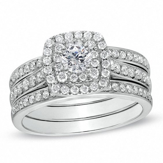 Previously Owned - 1 CT. T.w. Diamond Cushion-Shape Double Frame Bridal Set in 10K White Gold
