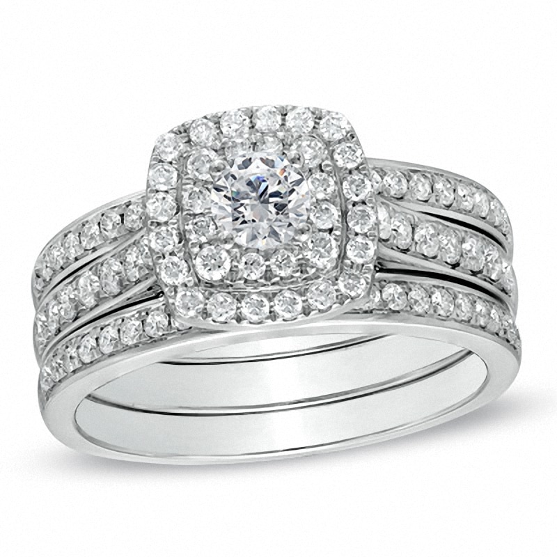Main Image 1 of Previously Owned - 1 CT. T.W. Diamond Cushion-Shape Double Frame Bridal Set in 10K White Gold