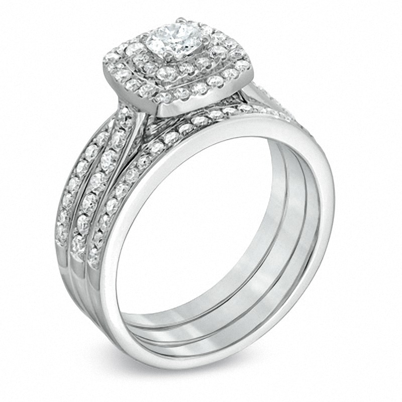 Main Image 2 of Previously Owned - 1 CT. T.W. Diamond Cushion-Shape Double Frame Bridal Set in 10K White Gold