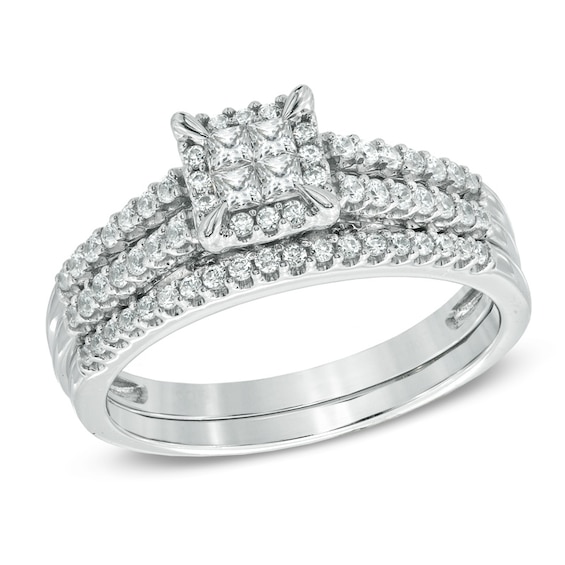 Previously Owned - 1/2 CT. T.w. Princess-Cut Quad Diamond Frame Bridal Set in 10K White Gold