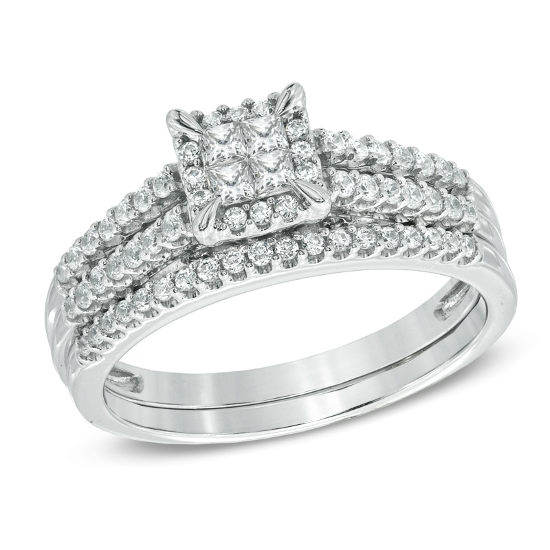 Main Image 1 of Previously Owned - 1/2 CT. T.W. Princess-Cut Quad Diamond Frame Bridal Set in 10K White Gold