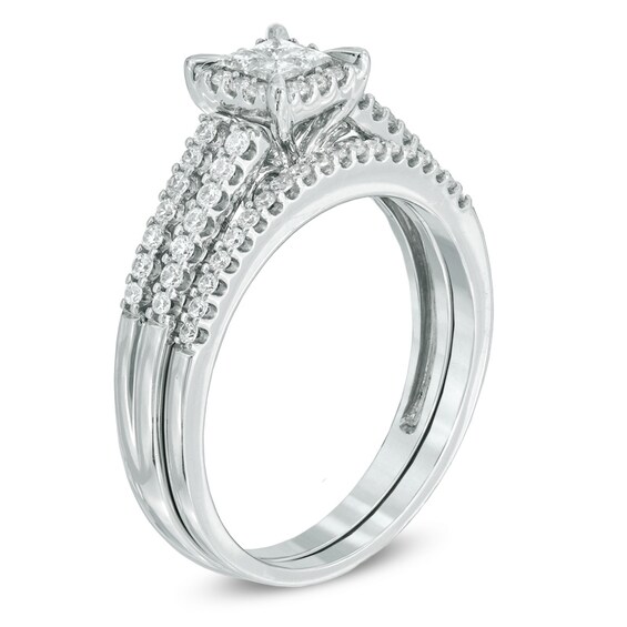 Previously Owned - 1/2 CT. T.w. Princess-Cut Quad Diamond Frame Bridal Set in 10K White Gold