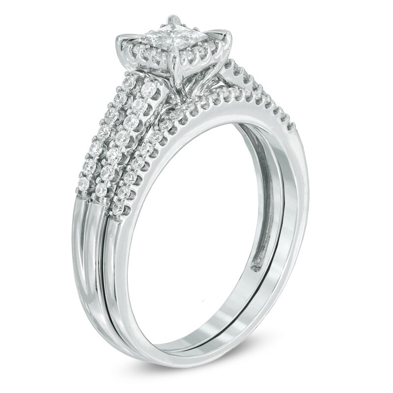Main Image 2 of Previously Owned - 1/2 CT. T.W. Princess-Cut Quad Diamond Frame Bridal Set in 10K White Gold