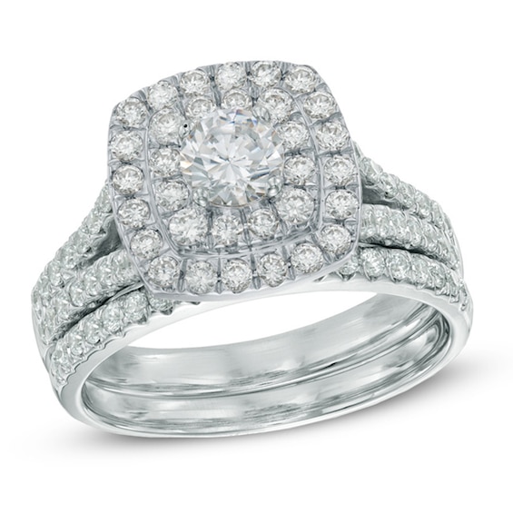 Previously Owned - 1-1/2 CT. T.w. Diamond Double Frame Bridal Set in 14K White Gold (I/I2)