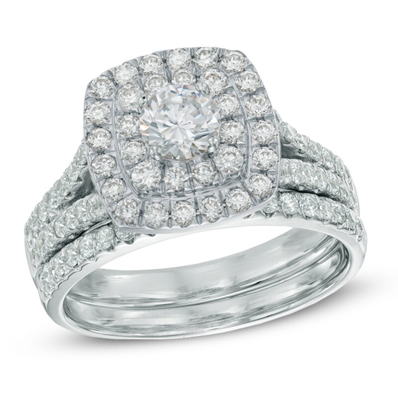 Main Image 1 of Previously Owned - 1-1/2 CT. T.W. Diamond Double Frame Bridal Set in 14K White Gold (I/I2)