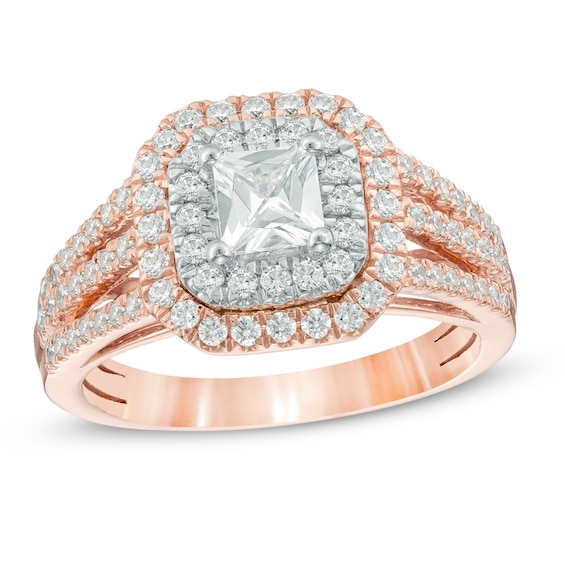 Previously Owned - 1-1/5 CT. T.w. Princess-Cut Diamond Double Frame Split Shank Engagement Ring in 14K Rose Gold
