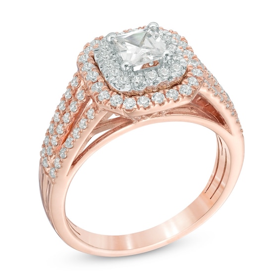Previously Owned - 1-1/5 CT. T.w. Princess-Cut Diamond Double Frame Split Shank Engagement Ring in 14K Rose Gold