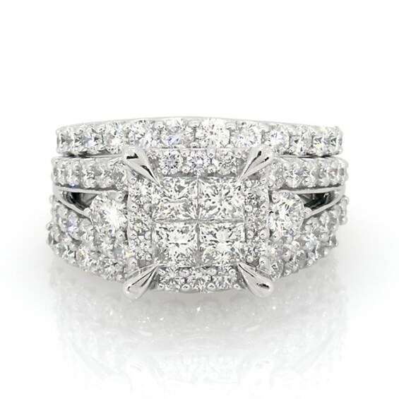 Previously Owned 4 CT. T.w. Quad Princess-Cut Diamond Frame Soldered Bridal Set in 14K White Gold