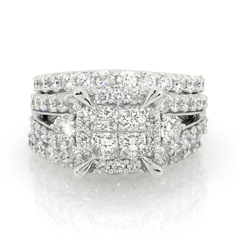 Main Image 1 of Previously Owned 4 CT. T.W. Quad Princess-Cut Diamond Frame Soldered Bridal Set in 14K White Gold