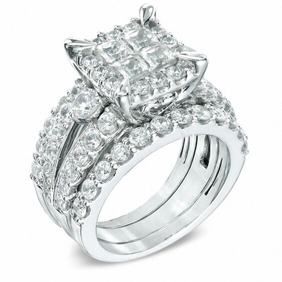 Previously Owned 4 CT. T.w. Quad Princess-Cut Diamond Frame Soldered Bridal Set in 14K White Gold