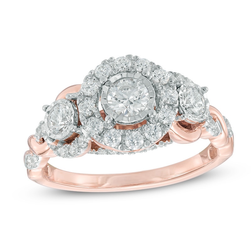 Main Image 1 of Previously Owned - 1 CT. T.W. Diamond Frame Past Present Future® Three Stone Engagement Ring in 14K Rose Gold