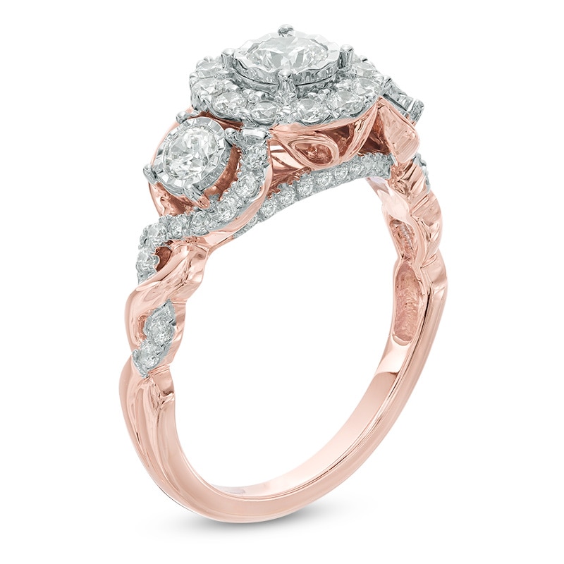 Main Image 2 of Previously Owned - 1 CT. T.W. Diamond Frame Past Present Future® Three Stone Engagement Ring in 14K Rose Gold