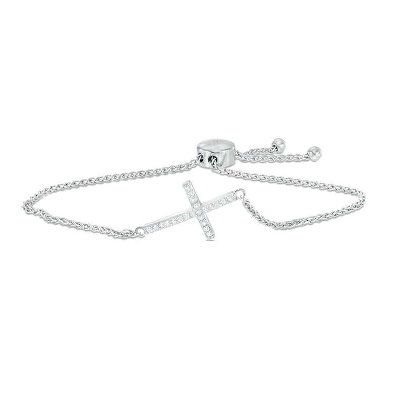 Main Image 1 of Previously Owned - Lab-Created White Sapphire Sideways Cross Bolo Bracelet in Sterling Silver - 9.0"