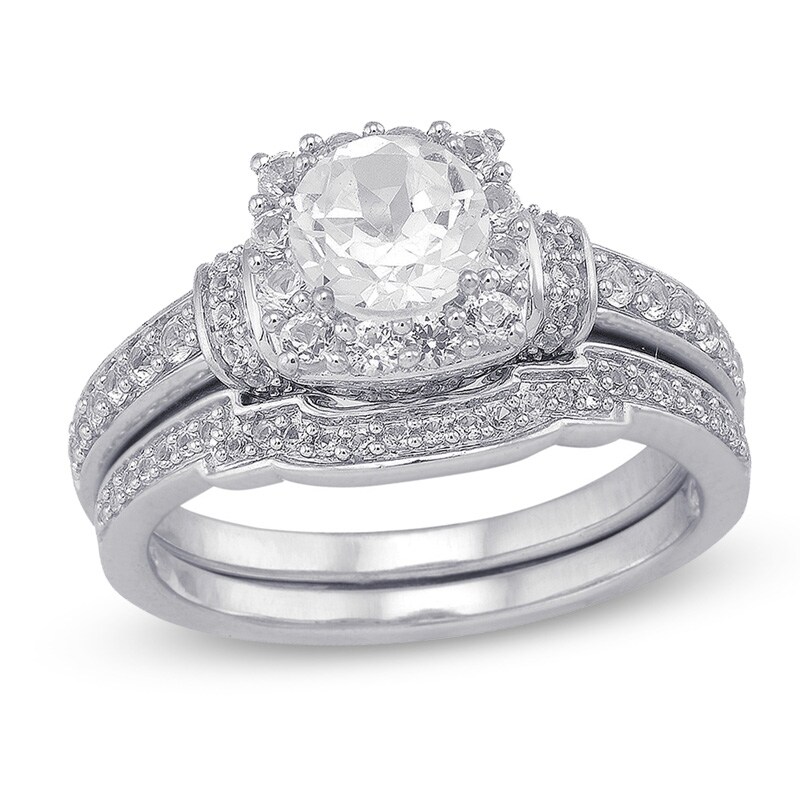 Main Image 1 of Previously Owned - 6.0mm Lab-Created White Sapphire Collar Bridal Set in Sterling Silver