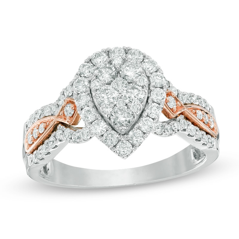 Main Image 1 of Previously Owned - 1 CT. T.W. Composite Diamond Pear-Shaped Frame Engagement Ring in 14K Two-Tone Gold