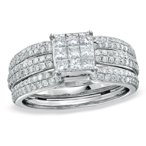 Previously Owned - 1-1/4 CT. T.w. Princess-Cut Diamond Bridal Set in 14K White Gold