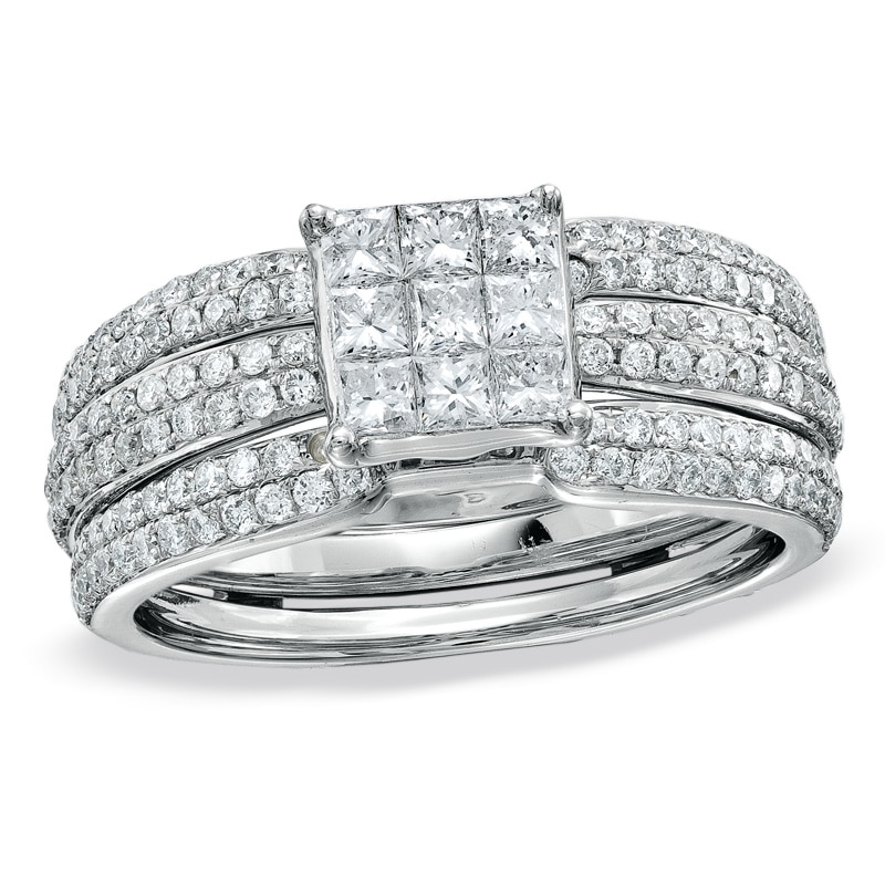 Main Image 1 of Previously Owned - 1-1/4 CT. T.W. Princess-Cut Diamond Bridal Set in 14K White Gold